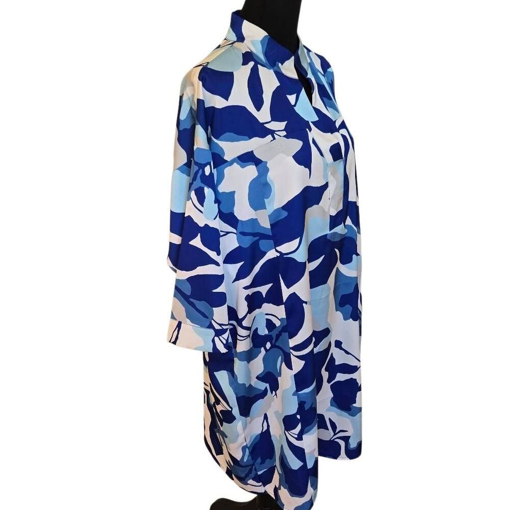 Ming Wang Womens Floral Print Crepe de Chine Shift Dress Blue White Large - Picture 5 of 11